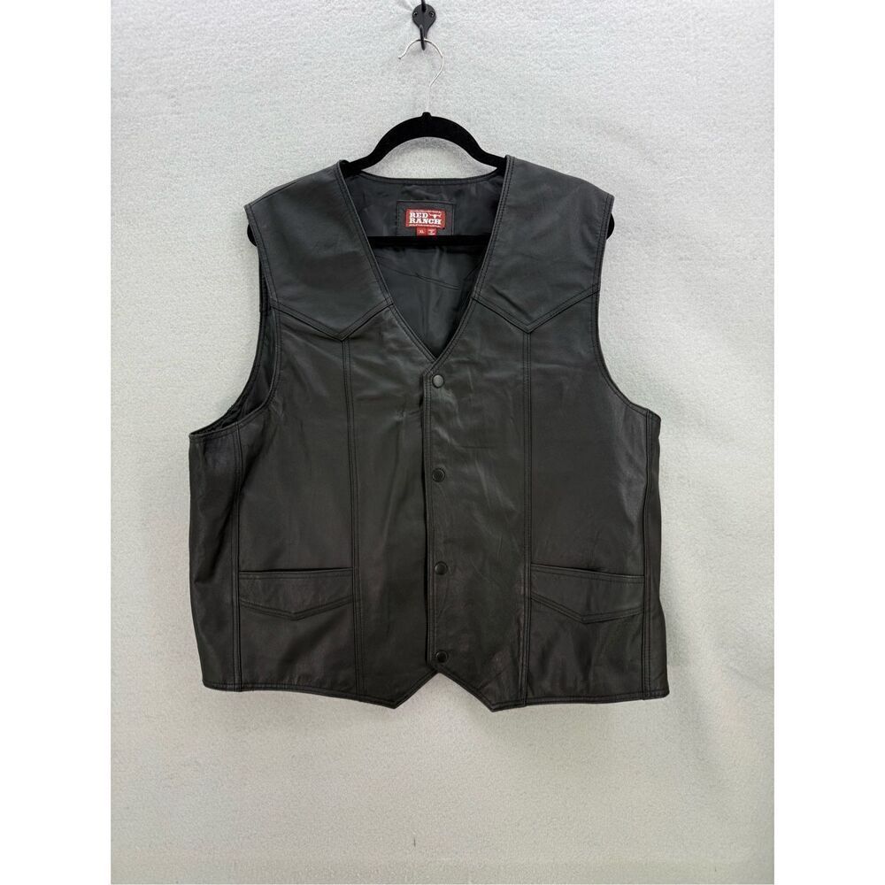 Red Ranch Mens Black Leather Sleeveless Button Down Motorcycle Vest Size XL